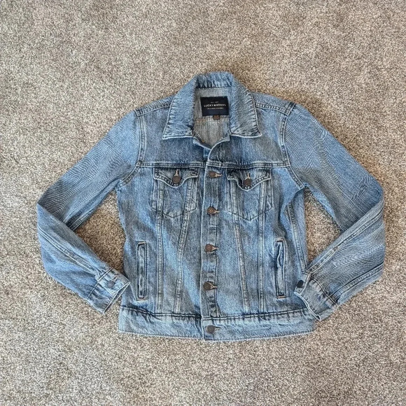 Women's xs Lucky Brand The Tomboy Trucker Distressed Blue Jean Fall Denim Jacket - Picture 5 of 9